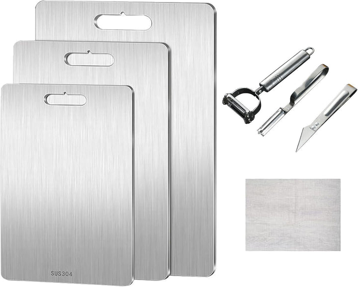 3 Stück Titan Schneidebrett, 304 Edelstahl Schneidebrett, Titanium Cutting Board mit Rutschfestes Si