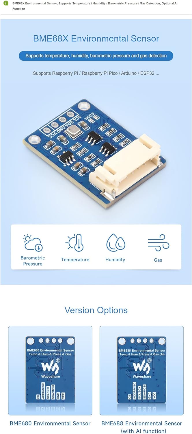 BME688 Sensor I2C BME688 Environmental Module for Raspberry Pi 4B+ 4B 3B+ 3B 2B+ Zero W WH 2W / Rasp