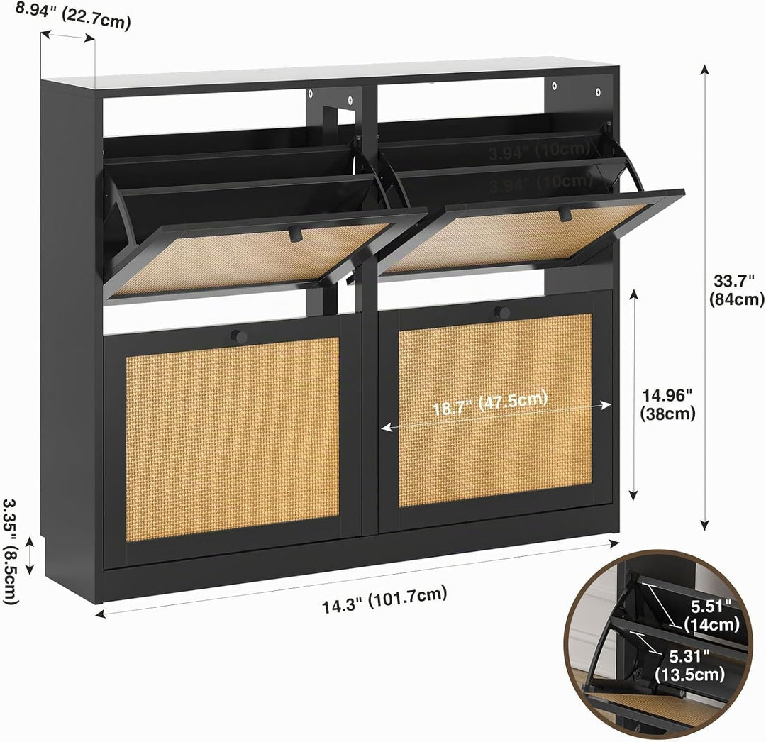 Rattan Schuhschrank mit 4 Klappen, Schuhkipper Schuhkommode mit Einstellbar Ablageflächen Schuhregal