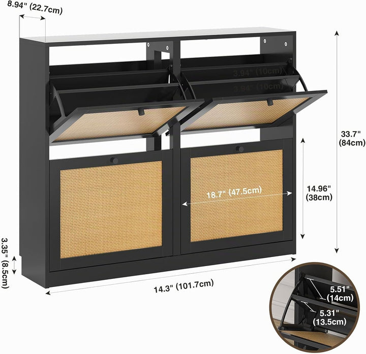 Rattan Schuhschrank mit 4 Klappen, Schuhkipper Schuhkommode mit Einstellbar Ablageflächen Schuhregal
