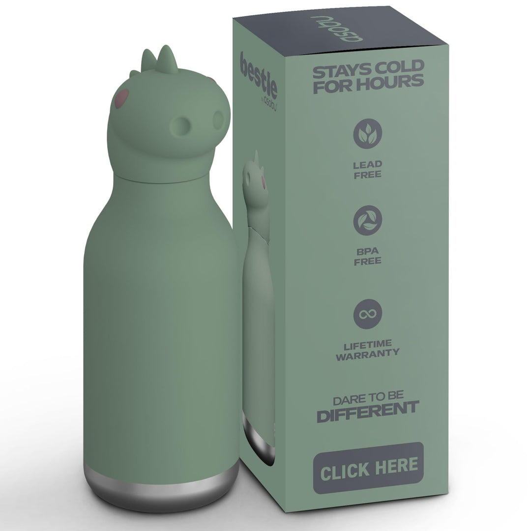 ASOBU Bestie Kindertrinkflasche mit Strohhalm – Isolierte Edelstahlflasche 420ml mit Dino-Kopf – Aus