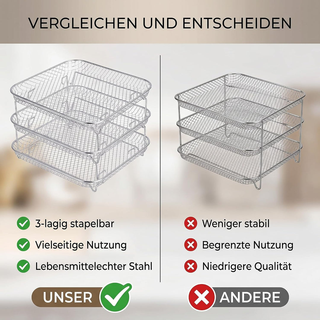 3PCS Air Fryer Rack, Stapelbares Edelstahl Heissluftfritteuse Grillrost Luftfritteuse-Gestell Quadra
