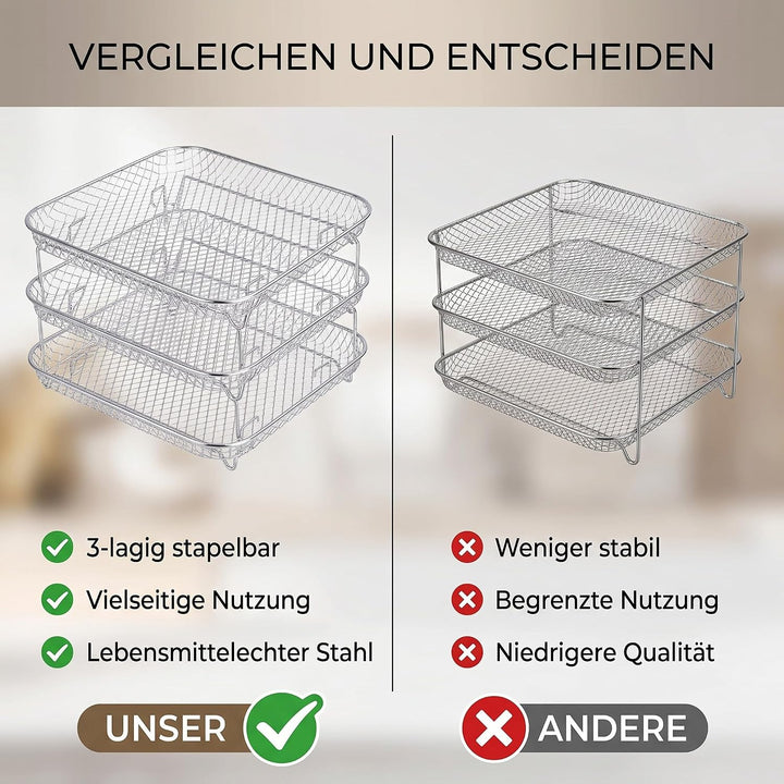3PCS Air Fryer Rack, Stapelbares Edelstahl Heissluftfritteuse Grillrost Luftfritteuse-Gestell Quadra