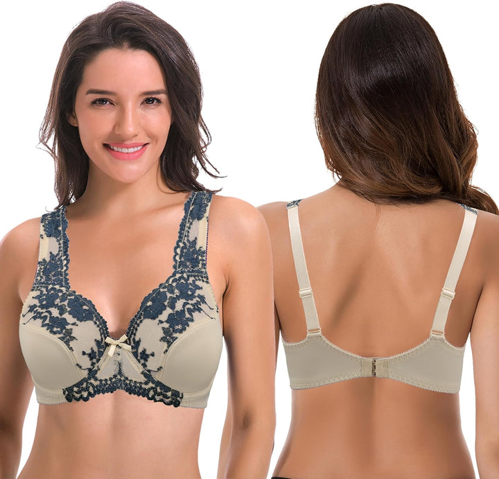 Curve Muse Damen Minimizer Ungefütterter Bügel-BH mit Spitzenstickerei - 2er Pack 80F Grau, Nackt(2e