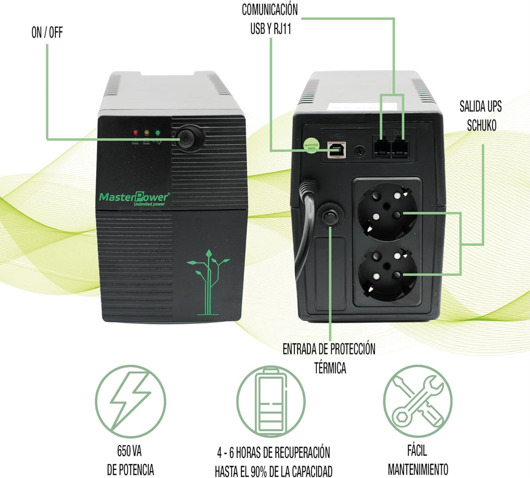 Master Power USV, Unterbrechungsfreie Stromversorgung, UPS 650 VA, konstante Ausgangsspannung 360 W,