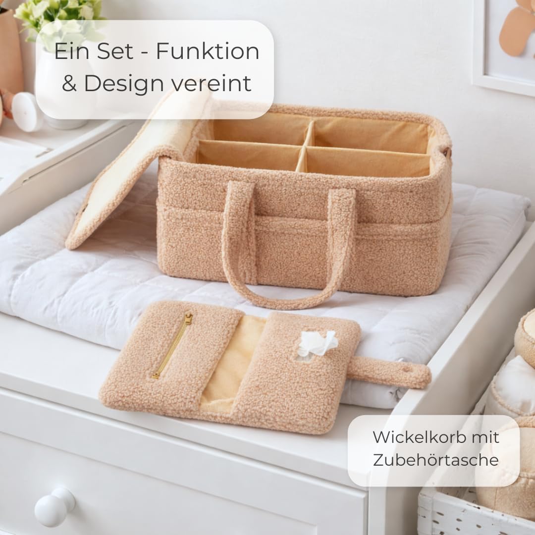 TALIDA Wickelkorb Teddy Set - Wickelorganizer mit Zubehörtasche – Aufbewahrungskorb für Feuchttücher