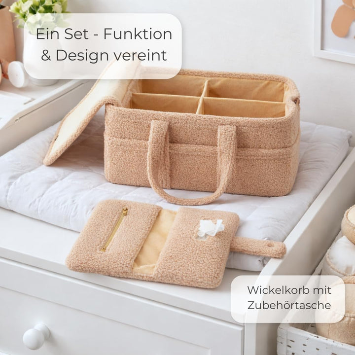TALIDA Wickelkorb Teddy Set - Wickelorganizer mit Zubehörtasche – Aufbewahrungskorb für Feuchttücher