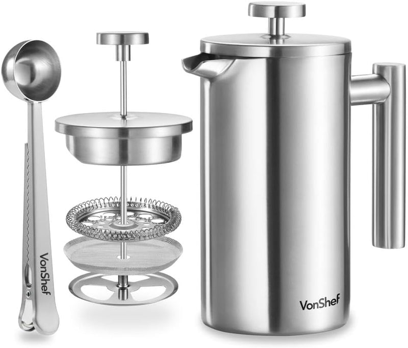 VonShef Edelstahl French Press für 6 Tassen, 800 ml – Doppelwandiger Kaffeebereiter mit Messlöffel/B