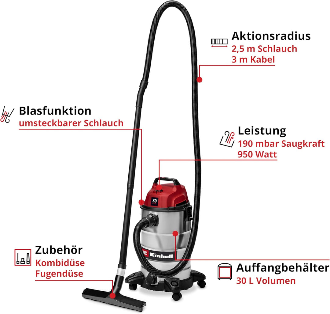 Einhell Nass-Trockensauger TC-VC 3055 S (950 W, 190 mbar Saugleistung, 30 L Edelstahlbehälter, Rolle