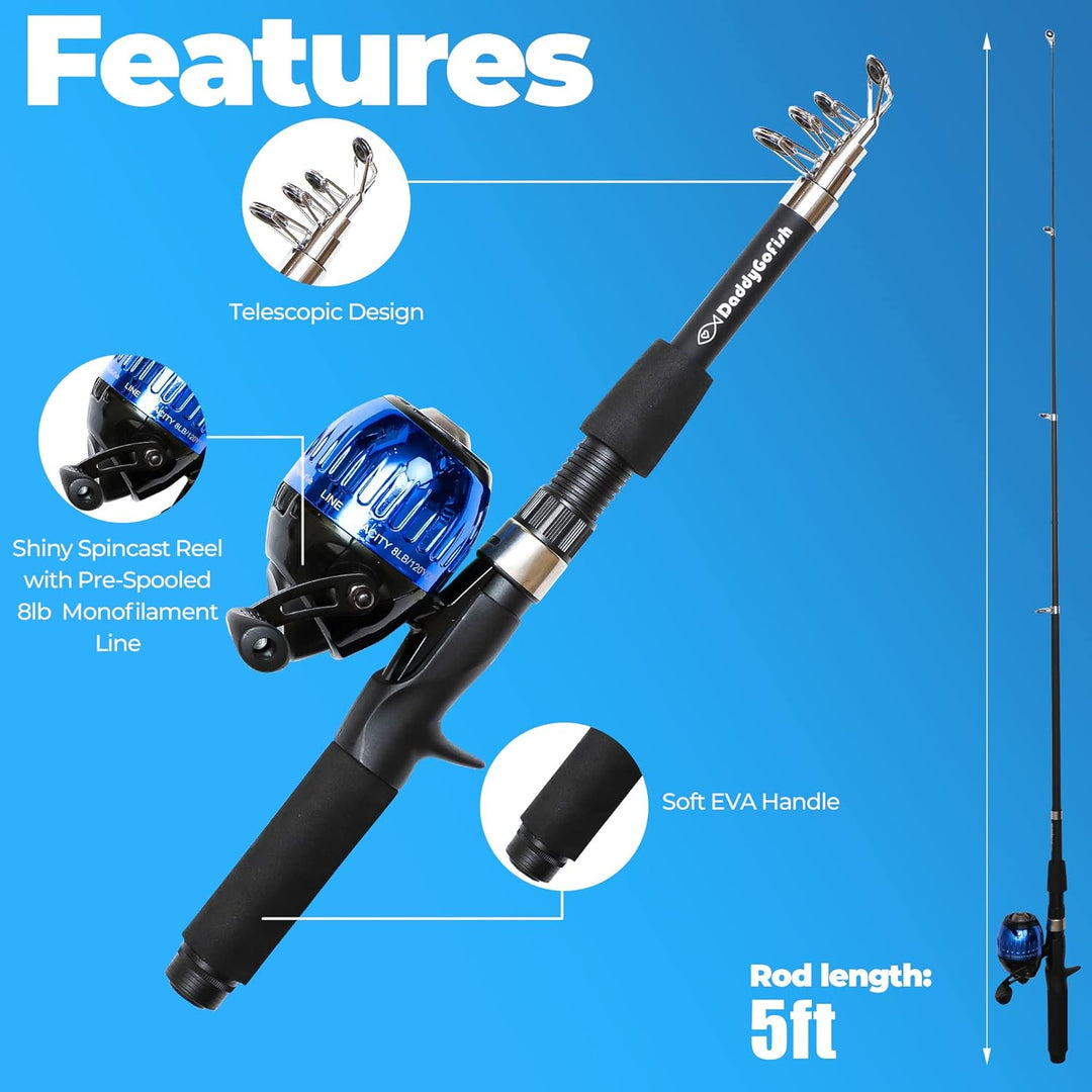 DaddyGoFish Kinder Angelset - Teleskoprute & Rolle Combo mit Klappstuhl, Rutenhalter, Tackle Box, Kö