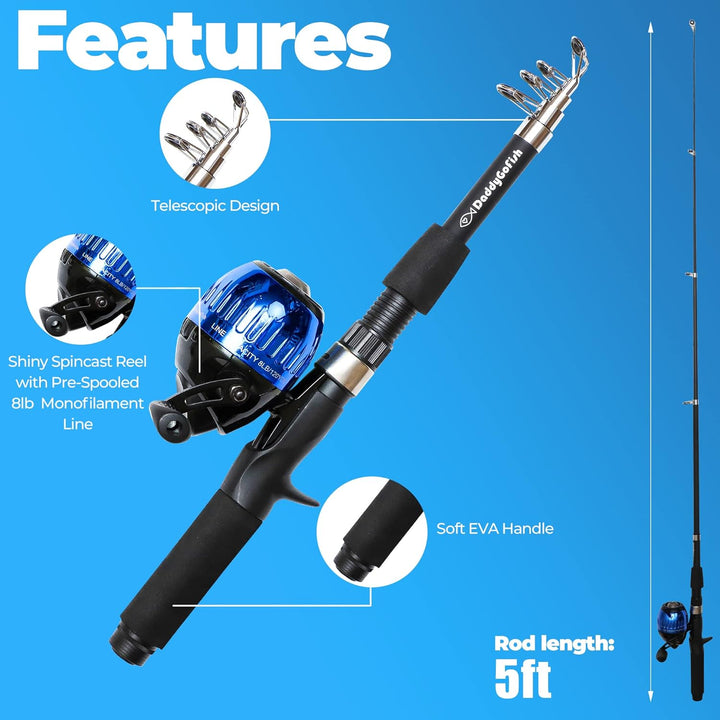 DaddyGoFish Kinder Angelset - Teleskoprute & Rolle Combo mit Klappstuhl, Rutenhalter, Tackle Box, Kö