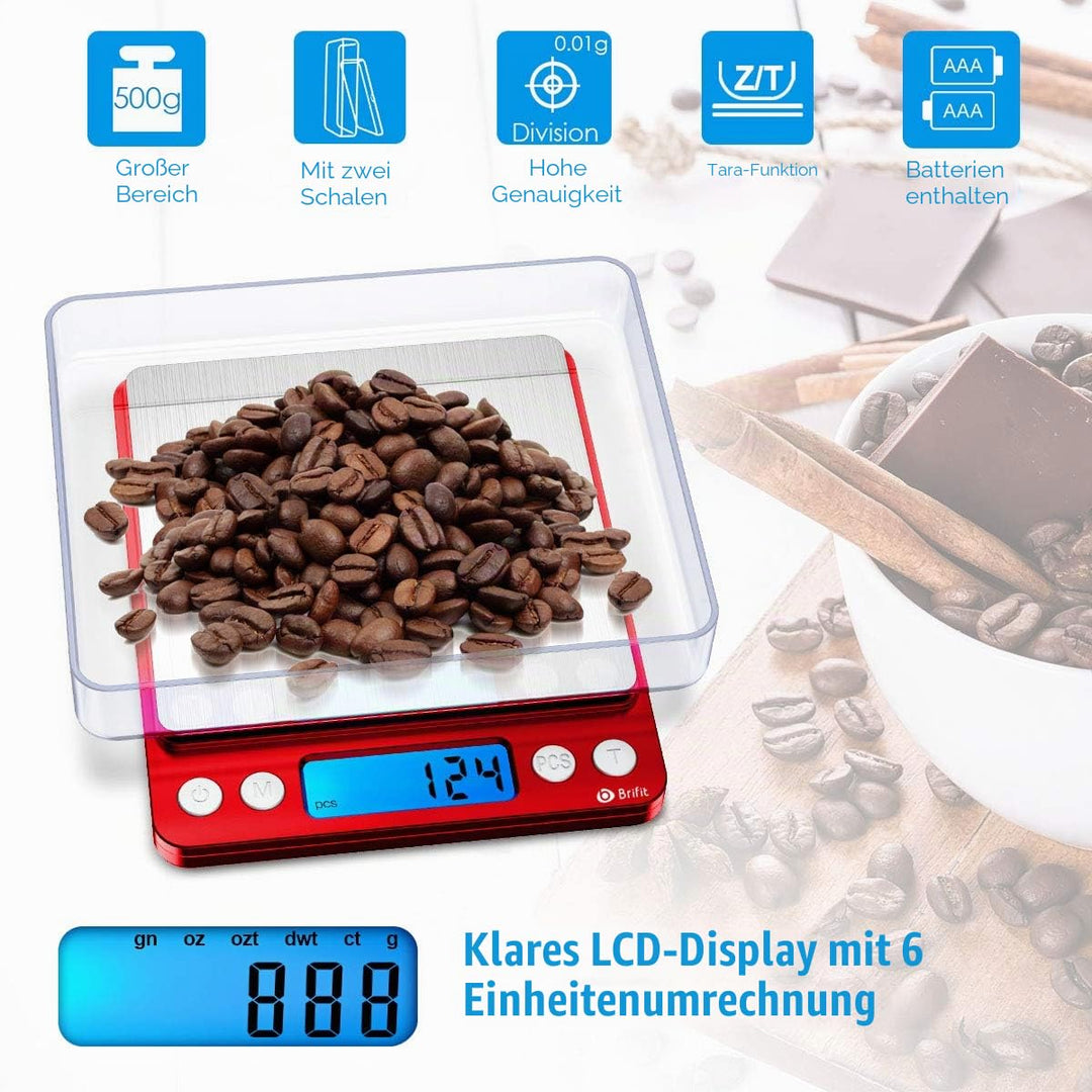 Brifit Taschenwaage 0,01g, Feinwaage 500g/0,01g Digitalwaage, Briefwaage, Grammwaage, mit EIN 100g E
