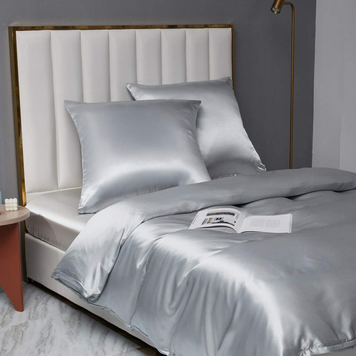 Damier Bettwäsche 220x240cm Grau Glänzend Einfarbig Bettwäsche Set 3 Teilig Hochwertiges Satin Decke