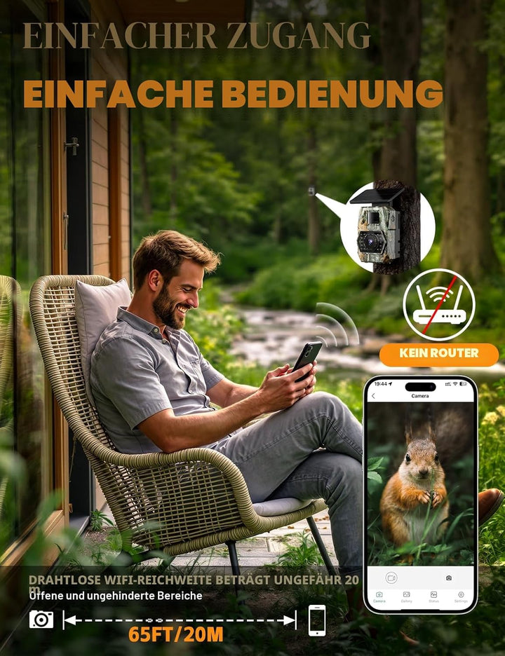 Wildkamera mit Handyübertragung App, 4K 60MP HD Solar WLAN Wildkamera, 5200mAH Akku, Wildtierkamera