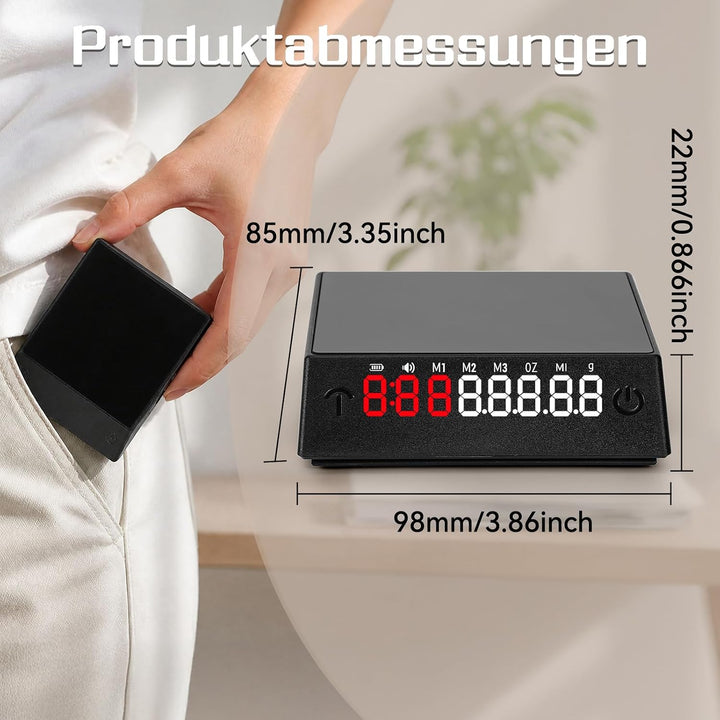 Kaffeewaage mit Timer, Wiederaufladbare Espressowaage 2kg/0,1g Präzision, Mini Kaffeewaage mit 45° G