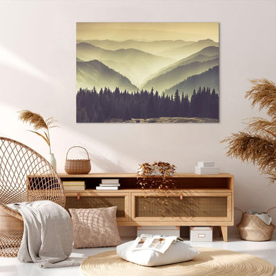 Bilder auf Leinwand 100x70cm Leinwandbild mit Rahmen Berge Wald Natur Gross Wanddeko Bild Schlafzimm