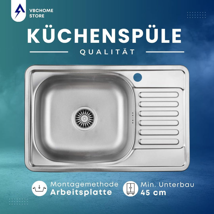 VBChome Einbauspüle mit Armatur 66x42 Leinenstruktur Edelstahl Küchenspüle Spüle Ablagefläche Abtrop