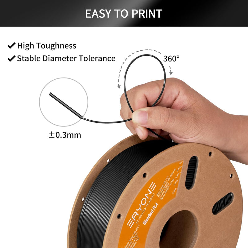 ERYONE PLA Filament 1.75 mm, 3D-Drucker Filament PLA, 0,03 mm, 1 kg/Spule, Schwarz A-Regular-Schwarz