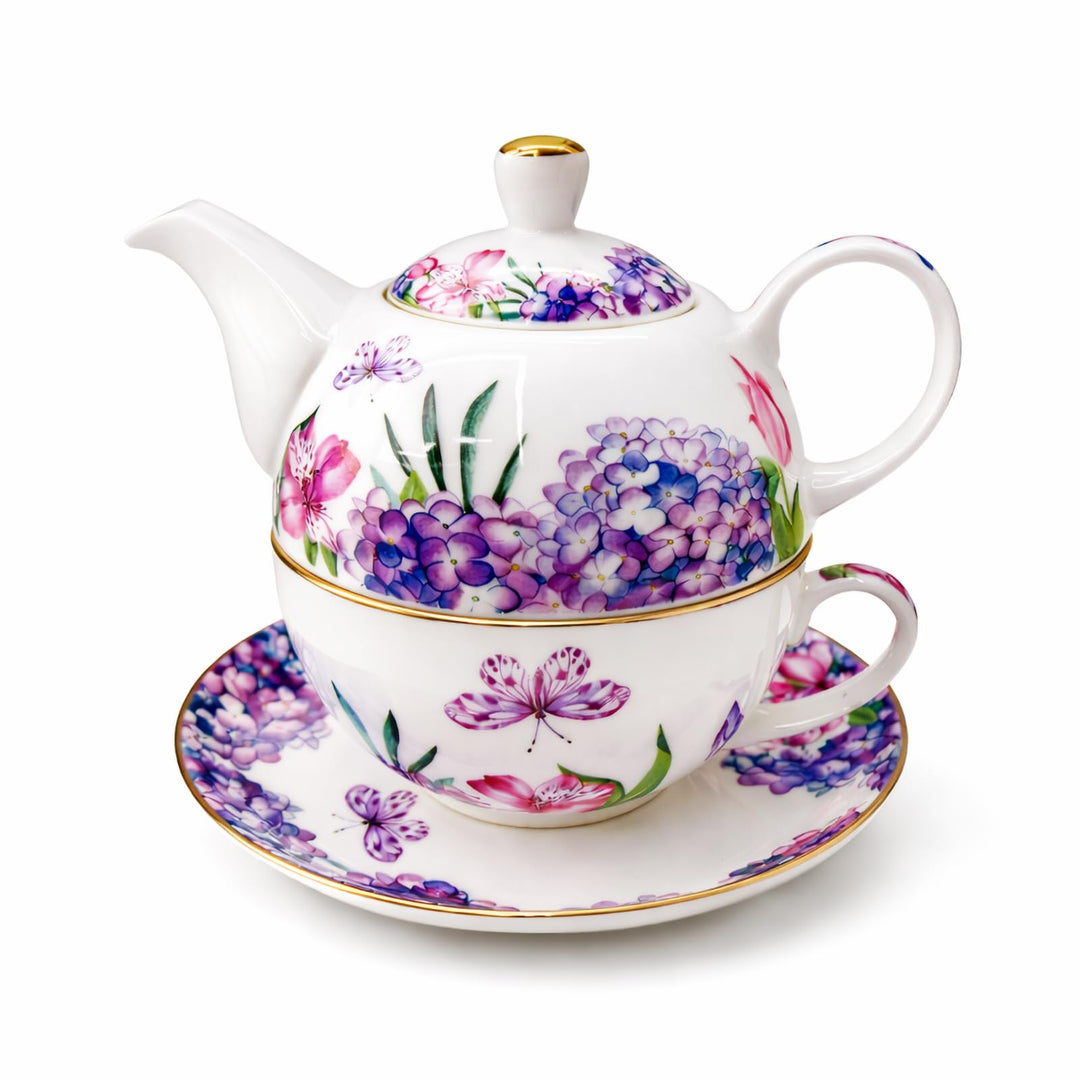 Porcelain Tea for One Set Beautiful Flower Ceramic Teapot with Cup Gifted Box (Hydrangea), Hydrangea