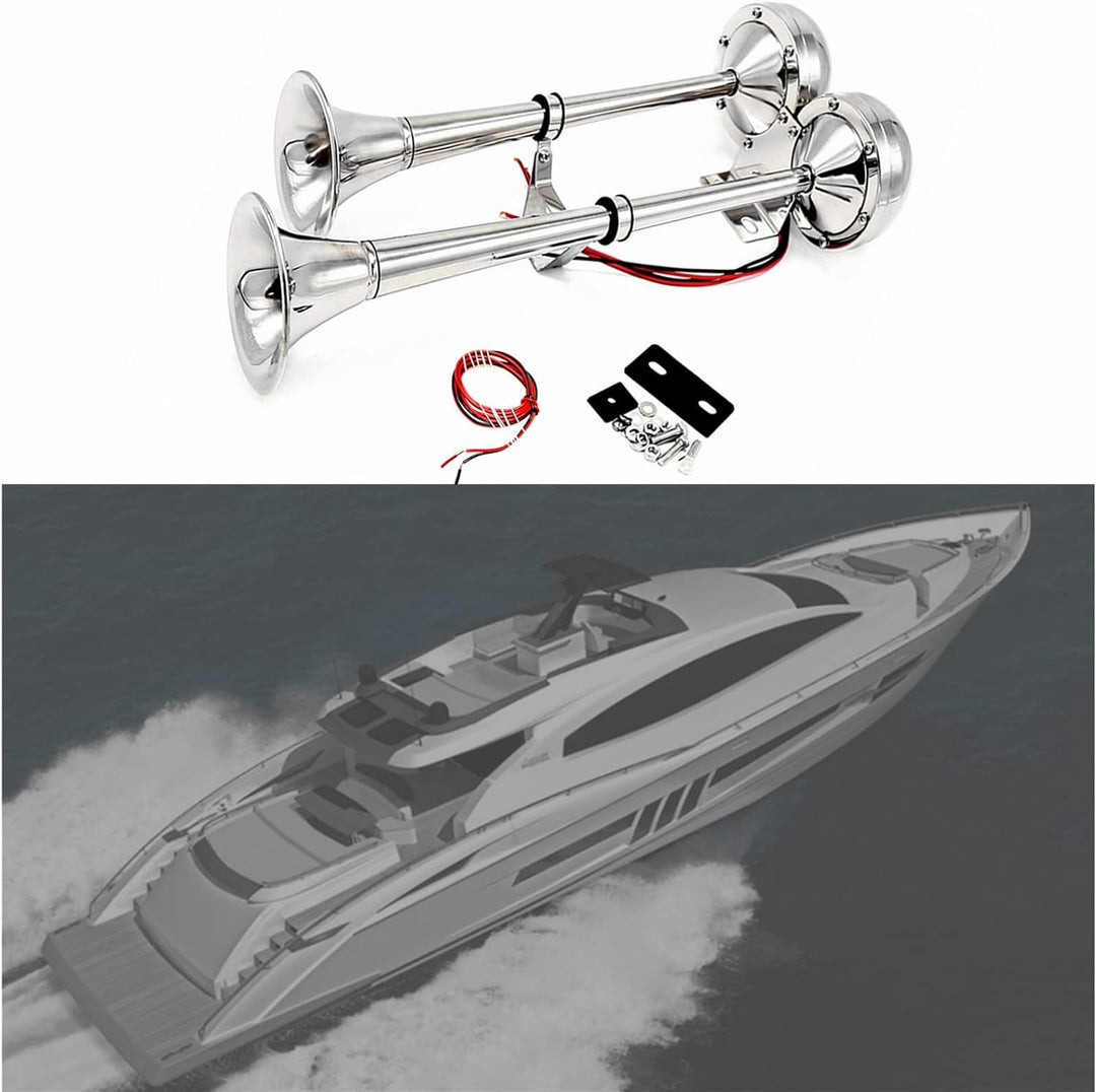 YIYIDA Autohupe Bootshupe Auto Elektrohupe 165 DB Schiffshupe Doppelrohrhupe Silber LKW Hupe Autolau