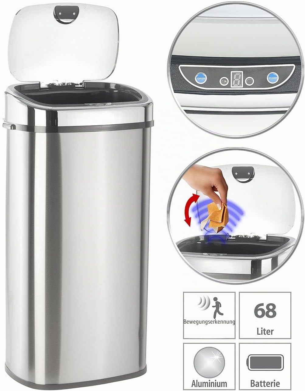 infactory Elektrischer Mülleimer: Abfalleimer mit Hand-Bewegungssensor & Aluminium-Korpus, 68 Liter