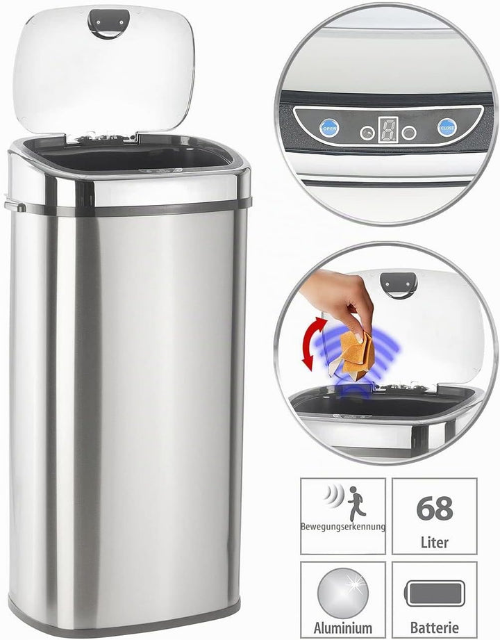 infactory Elektrischer Mülleimer: Abfalleimer mit Hand-Bewegungssensor & Aluminium-Korpus, 68 Liter