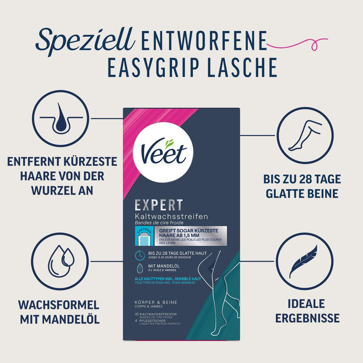 Veet Expert 40 Kaltwachsstreifen Körper & Beine + 20 Kaltwachsstreifen Gesicht zur Haarentfernung fü