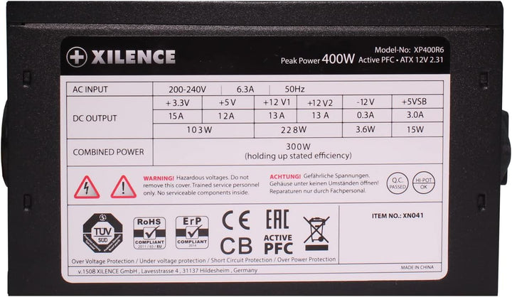 Xilence XP400R6 ATX PC Netzteil, 400W Peak Power, 1x 20+4PIN, 1x CPU 4PIN, 1x PCI-E 6PIN, 1x HDD, 3x