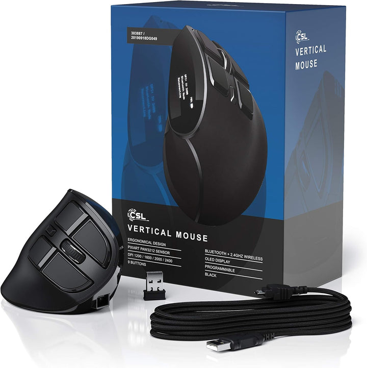 CSL - optische vertikale Maus kabellos - Wireless Mouse – Funkmaus mit OLED Display - 2,4 Ghz - gege