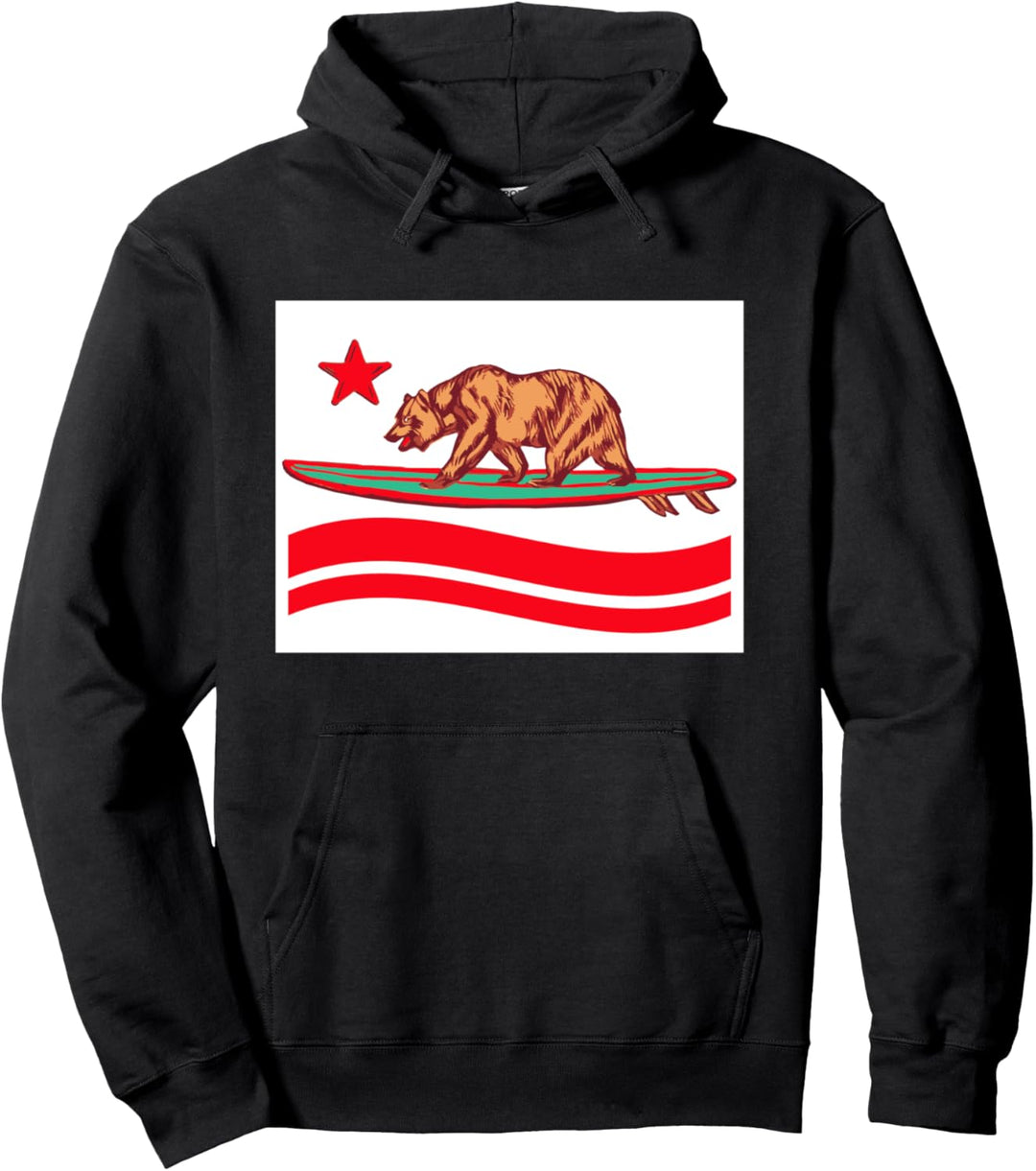 Surfboard Grizzly Bear California Flag Funny Surfing Retro Pullover Hoodie