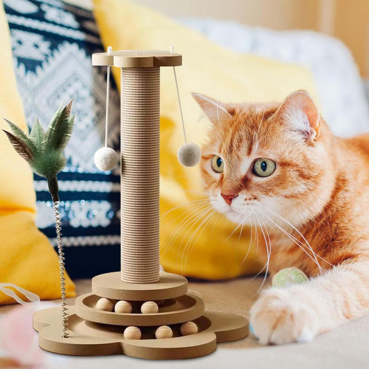 GOMETY 4 in 1 Katzenspielzeug aus Holz Roller 2-lagiger Drehteller Interaktives Katzen Spielzeug höl