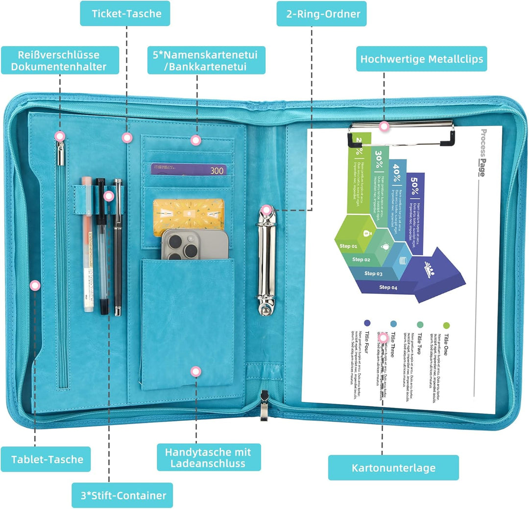 Schreibmappe 2 Ringbuch A4 Konferenzmappe Reissverschluss Leder Wasserdicht Organizer Mappe Dokument