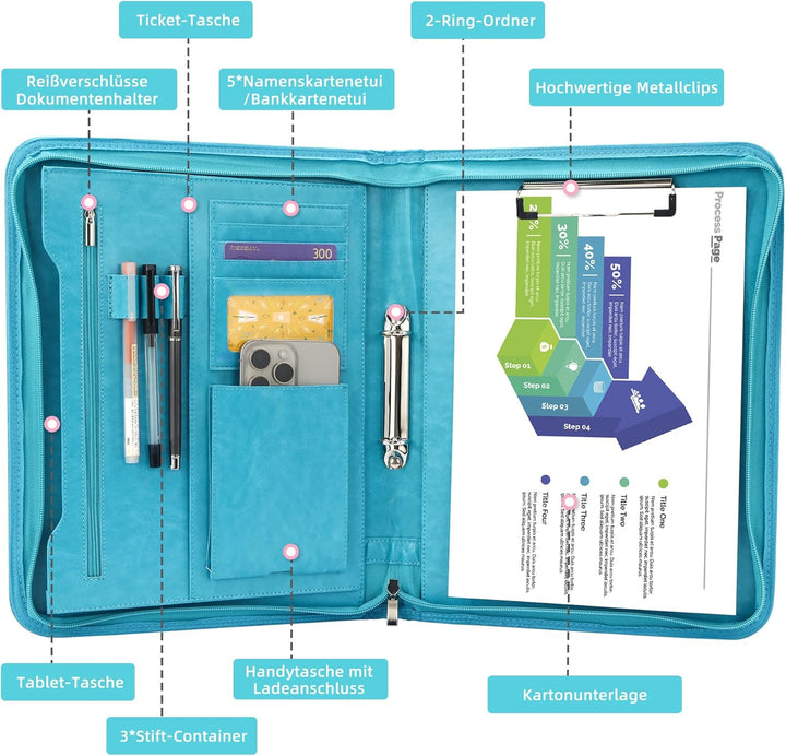 Schreibmappe 2 Ringbuch A4 Konferenzmappe Reissverschluss Leder Wasserdicht Organizer Mappe Dokument