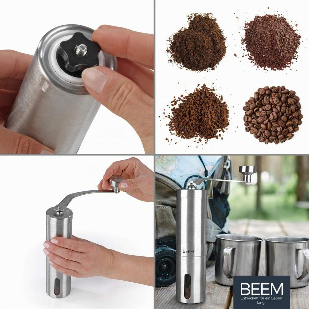 BEEM GRIND-2-GO Manuelle Kaffeemühle – 40 g | Kegelmahlwerk | Mahlgrad-Einstellung stufenlos | Baumw