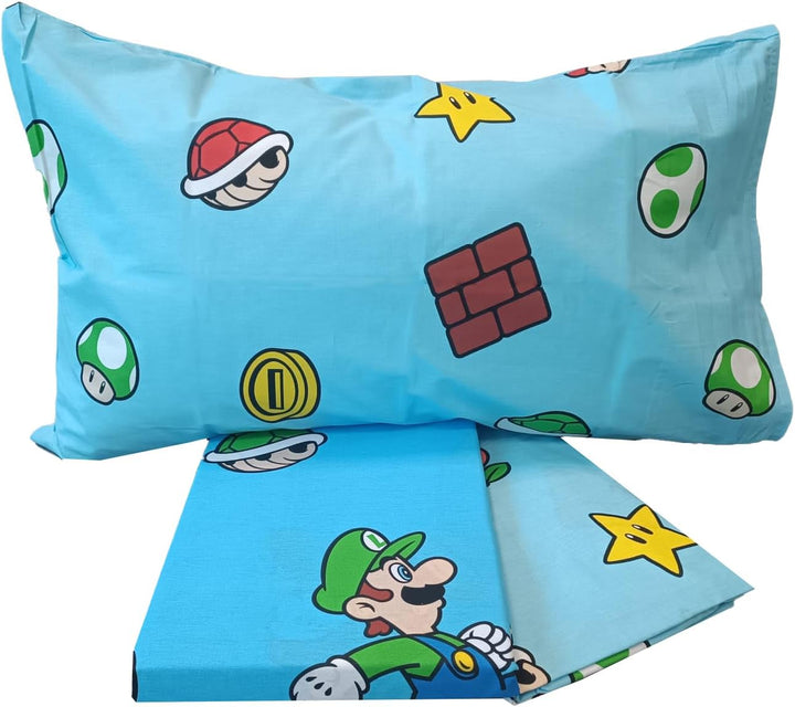 Super Mario Bettwäsche-Set für Einzelbett, Einzelbett, Kissenbezug, Spannbettlaken, 100% Baumwolle,