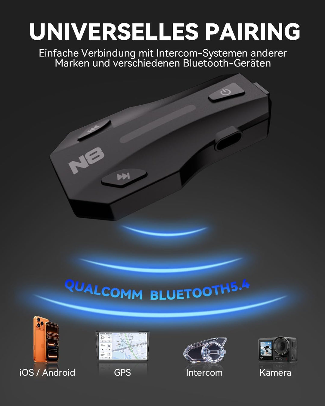 N8 Motorrad Intercom Mesh 3.0, 2000m Helm Kommunikation für 8 Fahrer | 45MM Hi-Fi, Dual Qualcomm Blu
