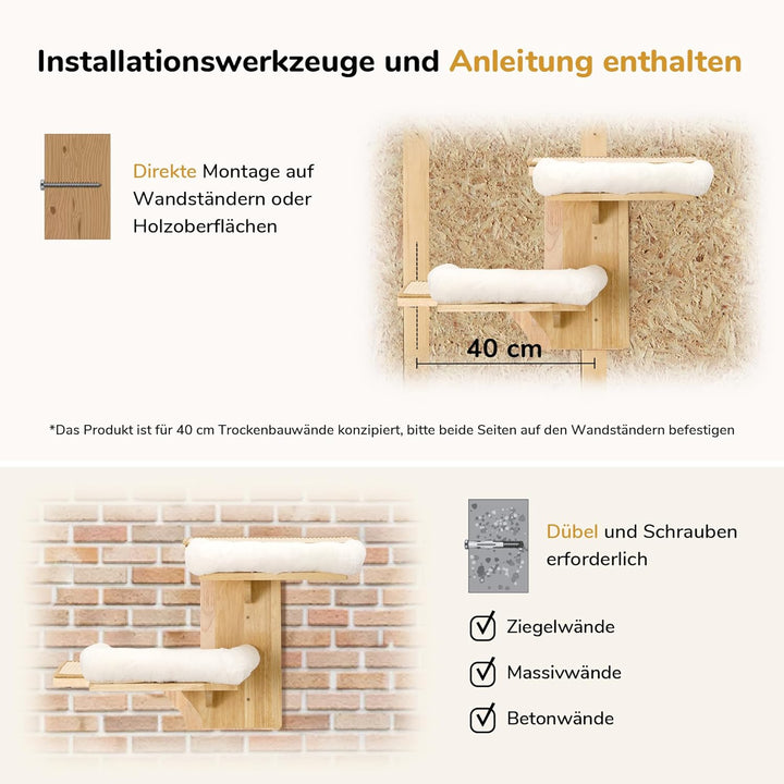 FUKUMARU Kletterwand Katze, 2 Plattform-Katzen-Wandmöbel aus Massives Gummiholz，40,6 cm Wandmontiert