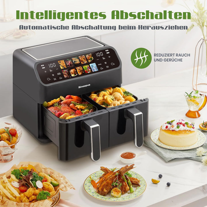 Heissluftfritteuse 2000W mit zwei Kammern 9L, Airfryer mit 10 Programme und LED-Touchscreen, Frittie