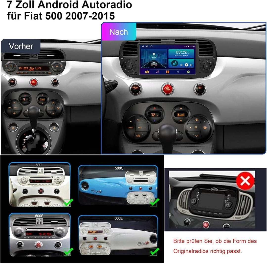 [Black 4+64GB] Autoradio für FIAT 500 2007-2015 mit 7 Zoll Touchscreen, Android 14 Radio Unterstützu