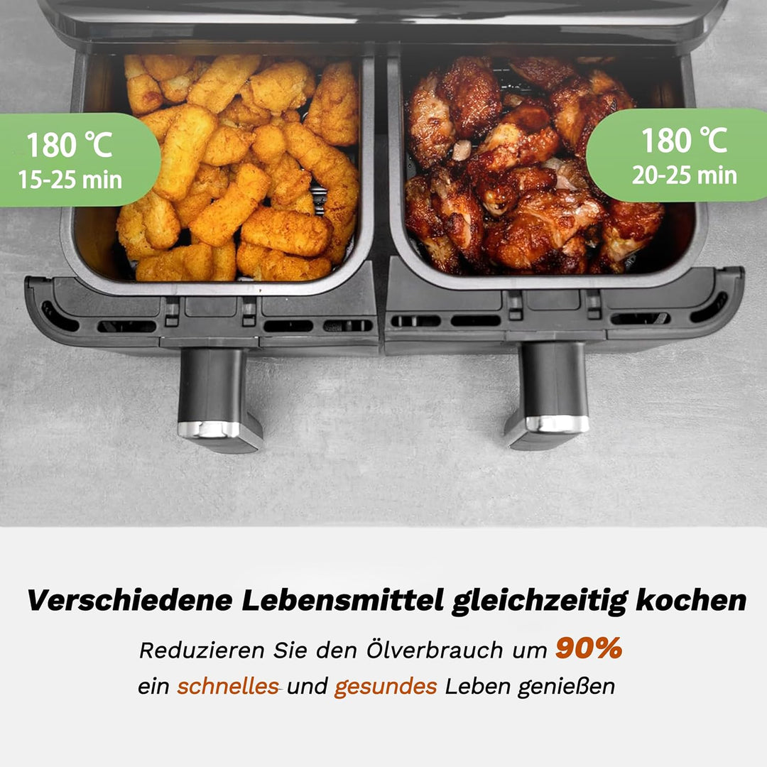 Heissluftfritteuse 9L XXL Profi • 2000W Dual-Zonen Technologie • 10-in-1 Automatikprogramme • 2x Ink