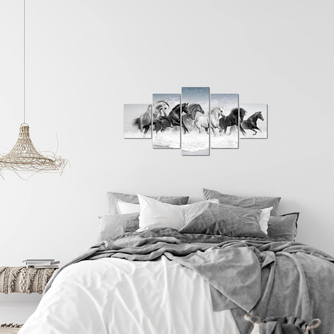 Runa Art Wandbilder Pferde 5 Teilig Bild auf Vlies Leinwand Deko Wohnzimmer Schlafzimmer Tiere Schwa