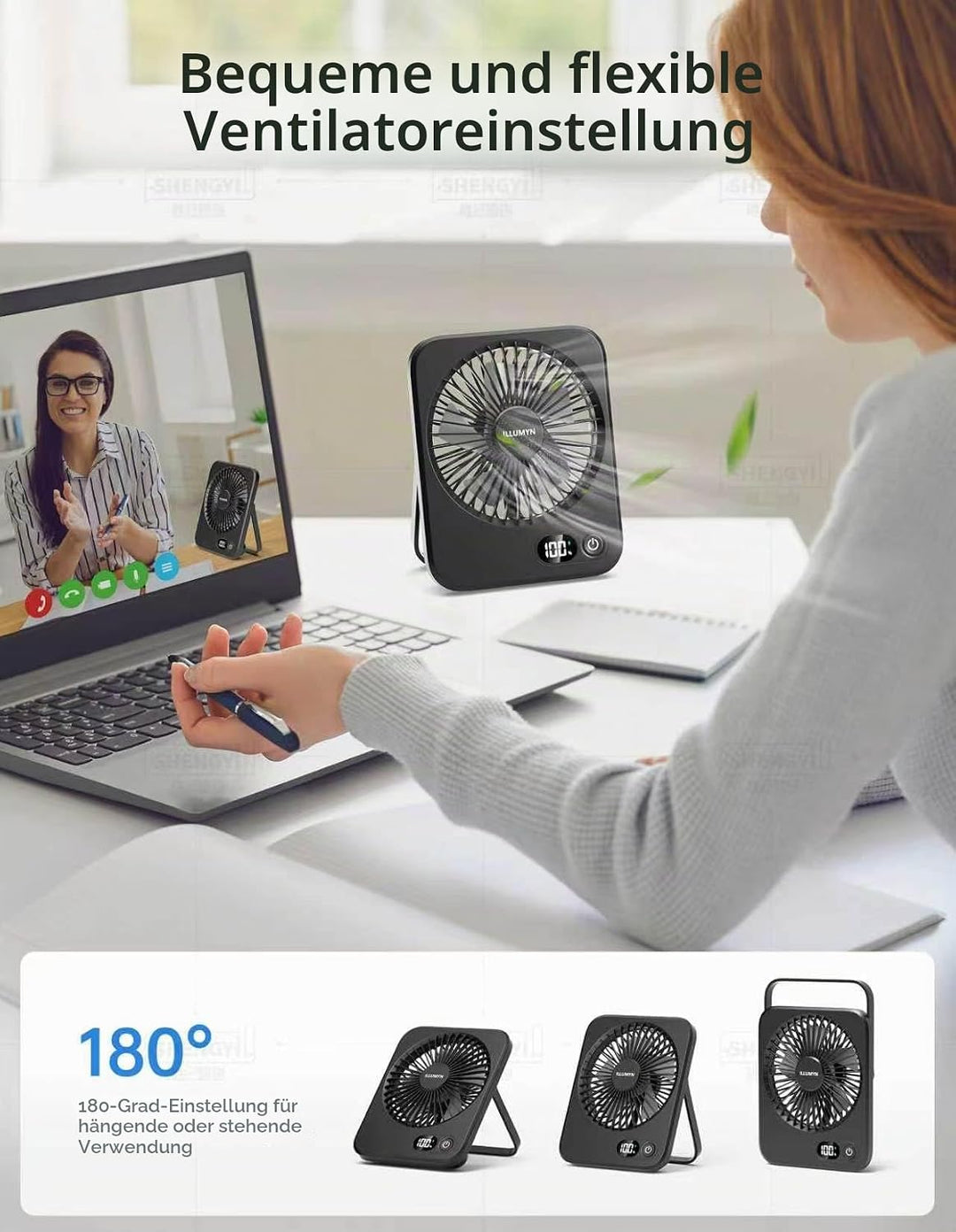4000mAh Akku Tischventilator, bis zu 10 Stunden Laufzeit, leiser USB-Ventilator mit LCD-Display, 5 S