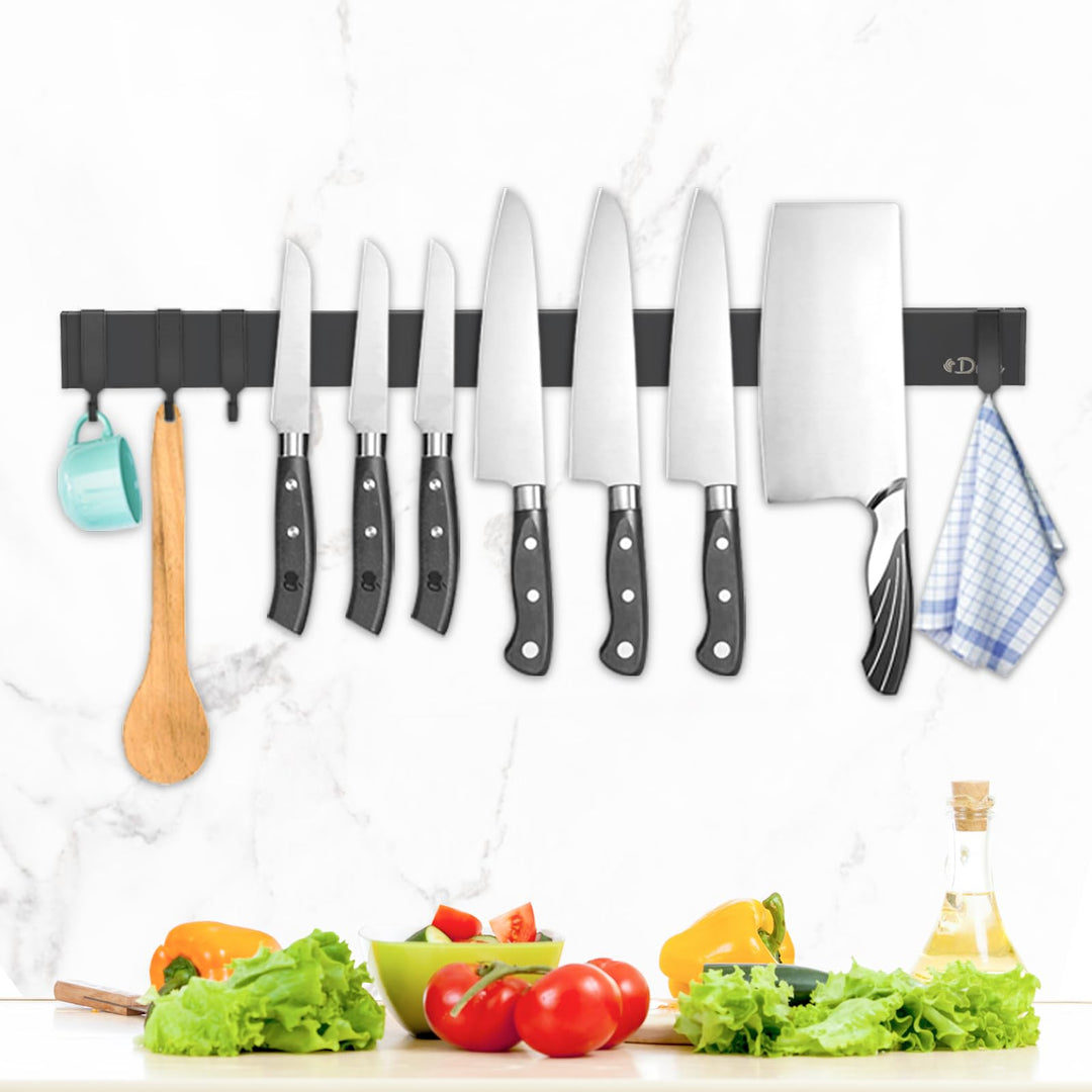 Dmore 50 cm Magnetleiste Messer mit 4 Haken, schwarzer Messerhalter magnetisch ohne Bohren, leistung