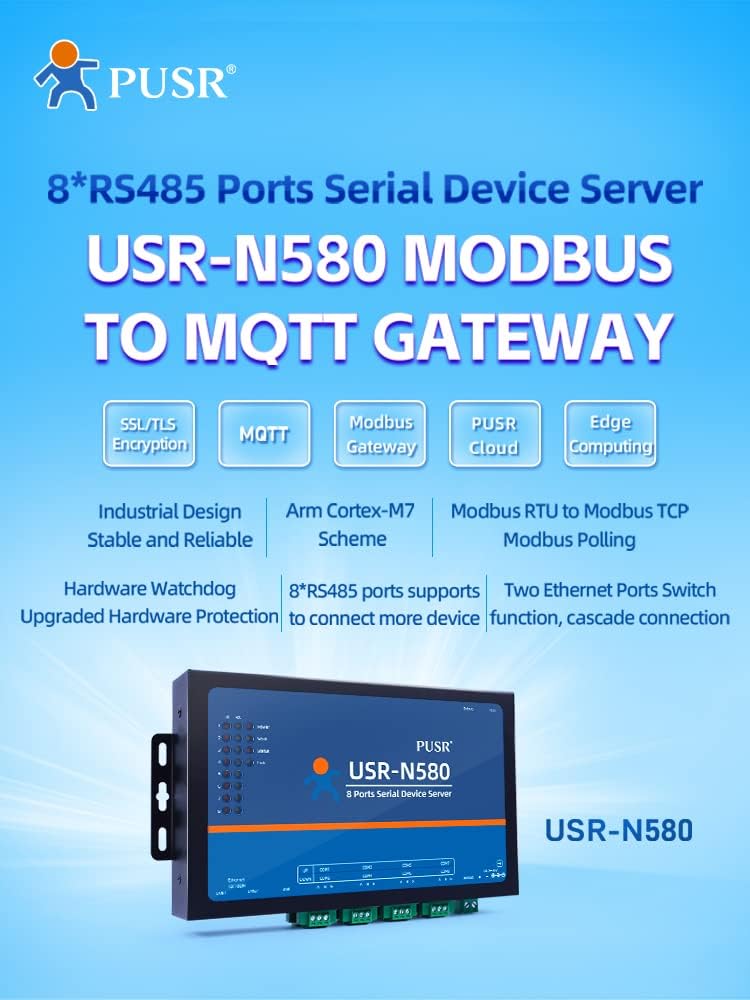 PUSR 8 Ports MQTT Modbus Gateway Unterstützung SSL/TLS Edge Computing RS485 Seriell zu Ethernet Konv
