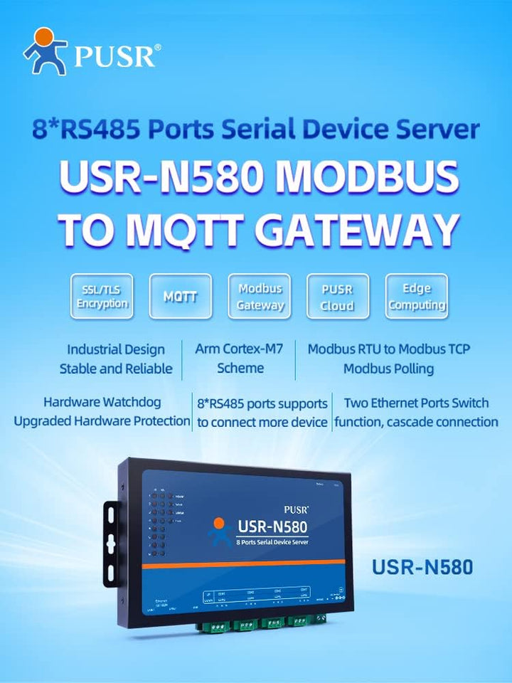 PUSR 8 Ports MQTT Modbus Gateway Unterstützung SSL/TLS Edge Computing RS485 Seriell zu Ethernet Konv