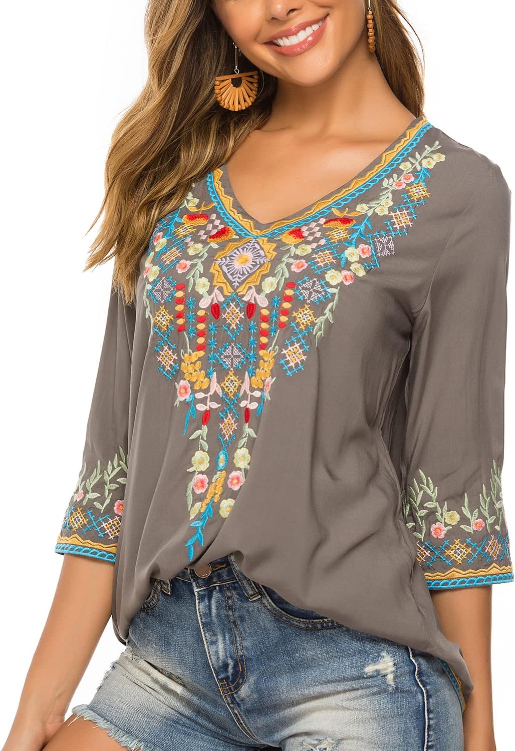 Vakakado Hippie Kleidung Damen Bohemian Folklore Stickerei Bluse 3/4 äRmel V Ausschnitt Tunika Somme