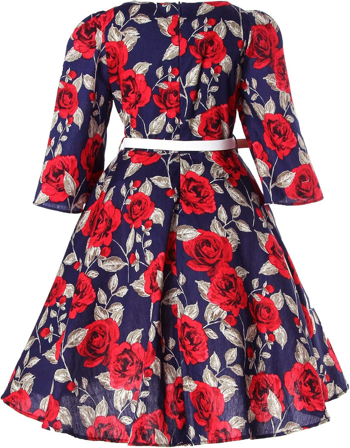 BONNY BILLY Mädchen Kleider Vintage Blumen Festlich Hochzeit Elegant Kinder Kleid mit Gürtel 3-4 Jah