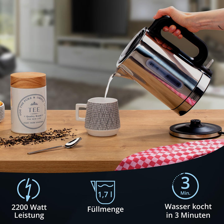 KHG Wasserkocher WK-1702 (ES) | aus Edelstahl für 1,7 Liter Kapazität | Wasserstandsanzeige | Trocke