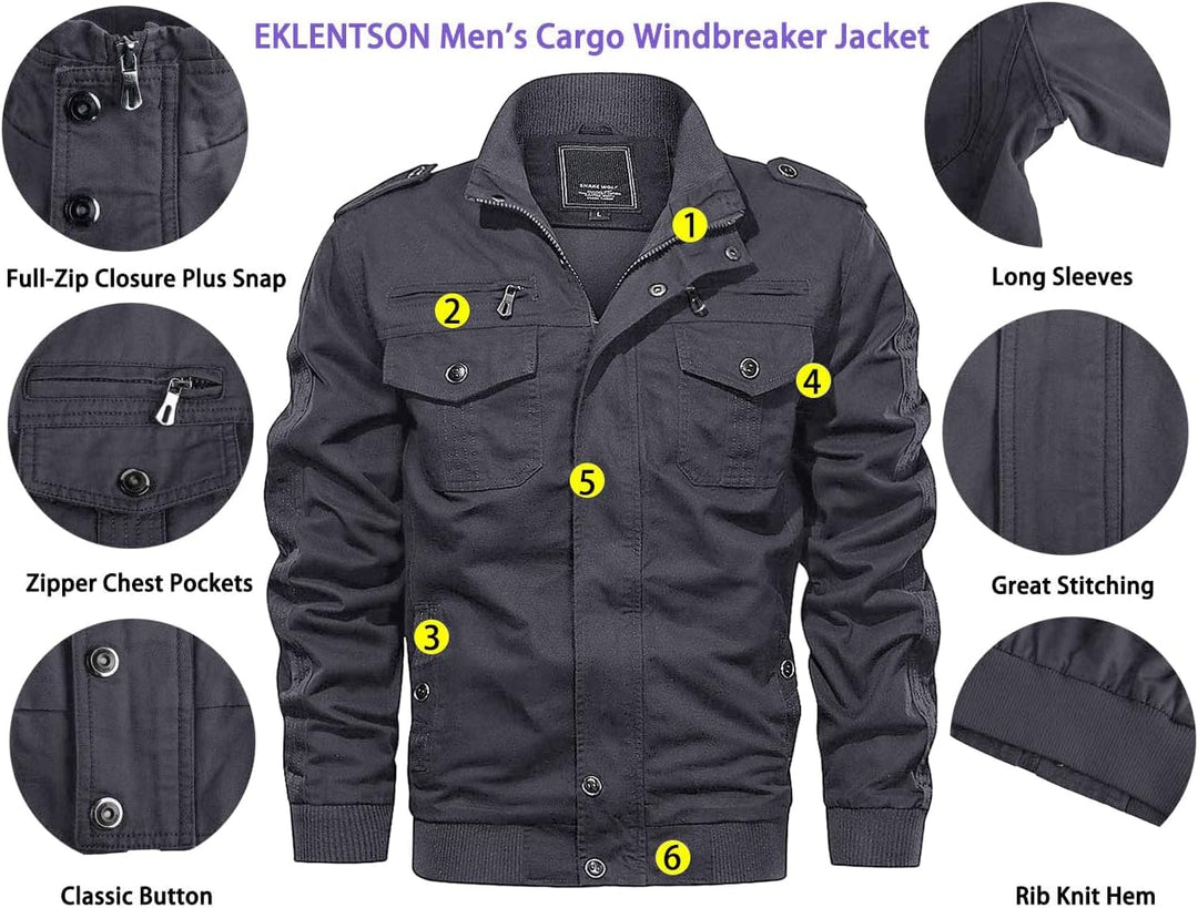 EKLENTSON Herren Übergangsjacke Frühling Cargo Jacke Freizeitjacke mit Vielen Taschen XL Grau, XL Gr