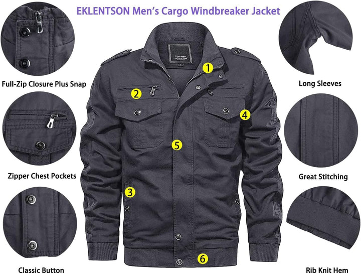 EKLENTSON Herren Übergangsjacke Frühling Cargo Jacke Freizeitjacke mit Vielen Taschen XL Grau, XL Gr